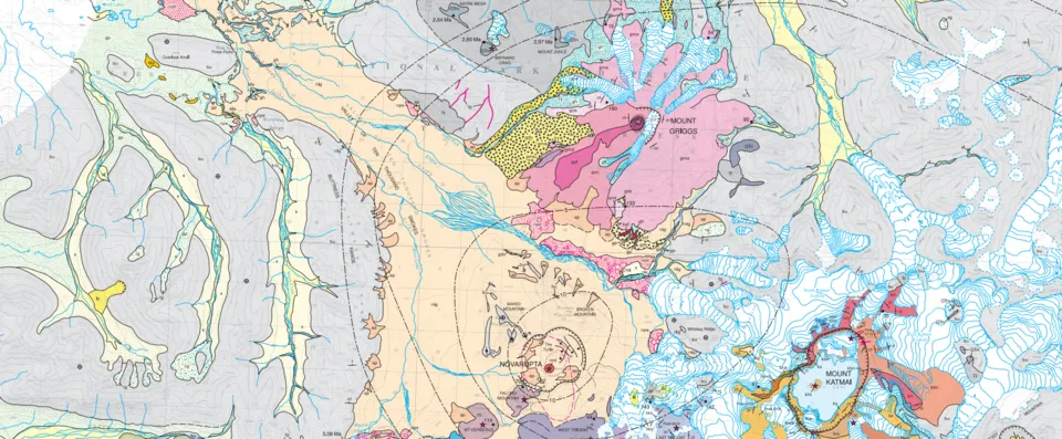 Geological survey map of the Katmai-Novarupta region in Alaska, showing the volcanic system with the 10km lateral transfer distance between the two vents marked