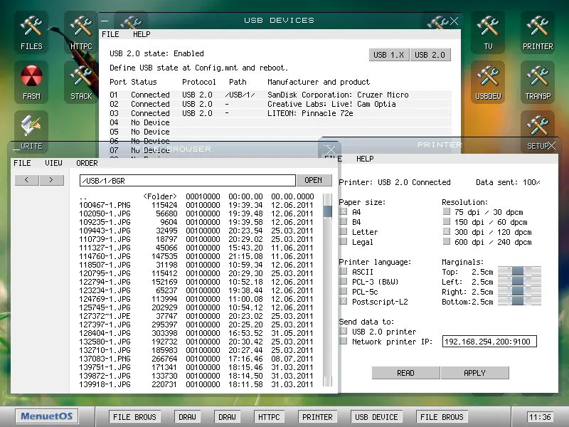 MenuetOS desktop showing file browser, USB devices, and printer configuration