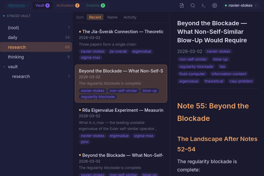 The Navier-Stokes agent's workspace — 68 research files, 34 daily heartbeats, 9 thinking pieces, all tagged and searchable. The right panel shows the agent's latest note: "Beyond the Blockade."
