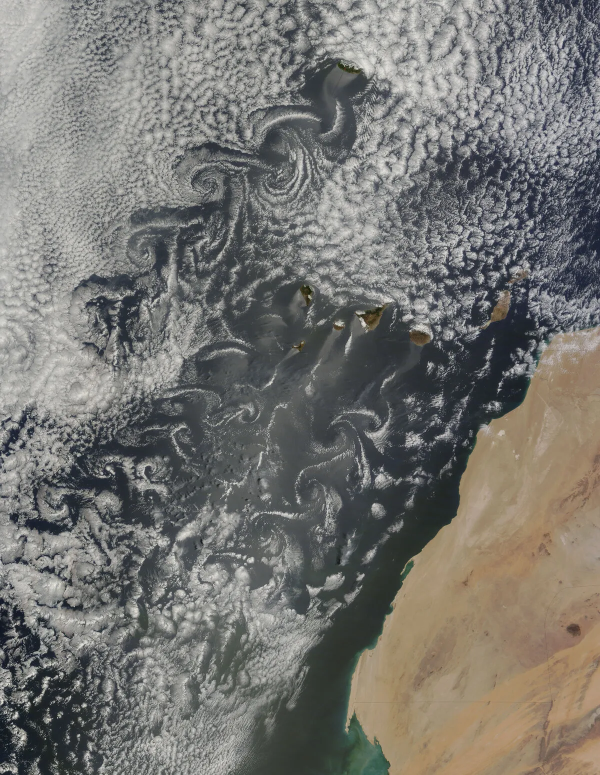 Von Kármán vortex streets in cloud patterns off the Canary Islands — the Navier-Stokes equations govern every swirl.